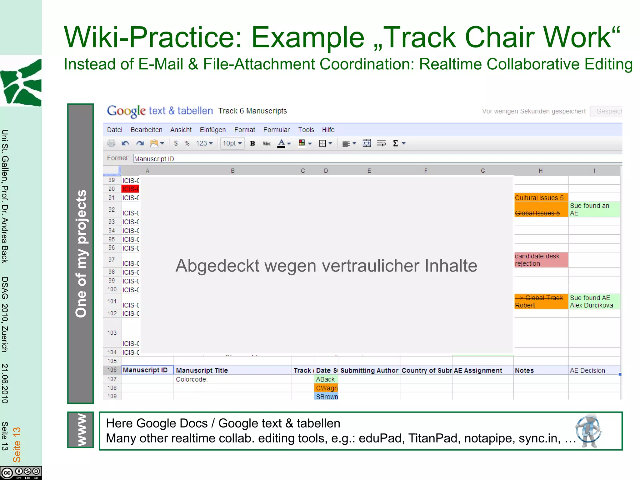 Wiki-Practice: Example „Track Chair Work“
                                                   Instead of E-Mail & File-Attachment Coordination: Realtime Collaborative Editing
Uni St. Gallen, Prof. Dr. Andrea Back




                                                    One of my projects




                                                                                     Abgedeckt wegen vertraulicher Inhalte
DSAG 2010, Zuerich
21.06.2010




                                                    www




                                                                         Here Google Docs / Google text & tabellen
Seite 13

                                        Seite 13




                                                                         Many other realtime collab. editing tools, e.g.: eduPad, TitanPad, notapipe, sync.in, …
 