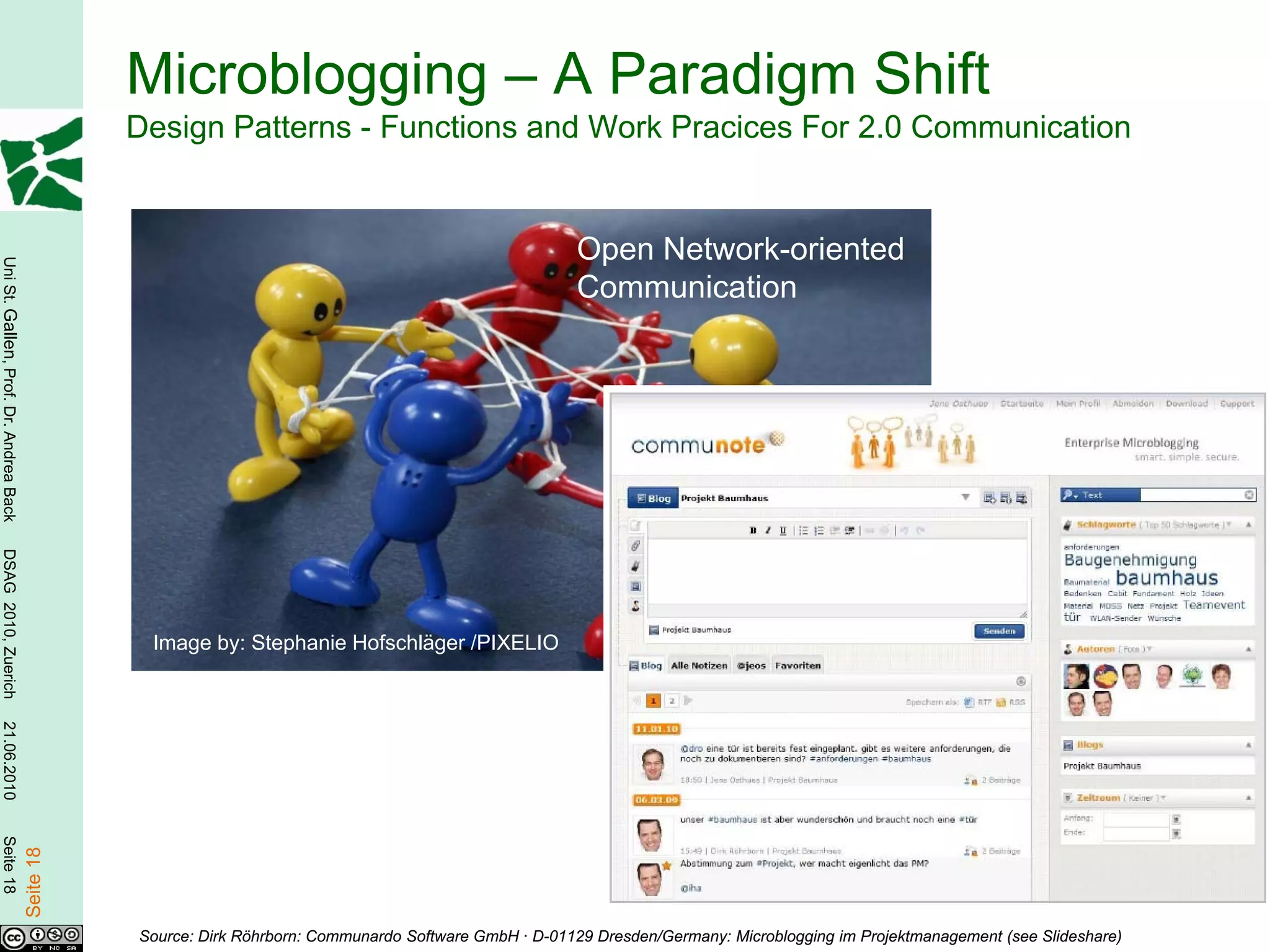 Microblogging – A Paradigm Shift
                                                   Design Patterns - Functions and Work Pracices For 2.0 Communication


                                                                                                           Open Network-oriented
Uni St. Gallen, Prof. Dr. Andrea Back




                                                                                                           Communication
DSAG 2010, Zuerich




                                                    Image by: Stephanie Hofschläger /PIXELIO
21.06.2010
Seite 18

                                        Seite 18




                                                   Source: Dirk Röhrborn: Communardo Software GmbH · D-01129 Dresden/Germany: Microblogging im Projektmanagement (see Slideshare)
 