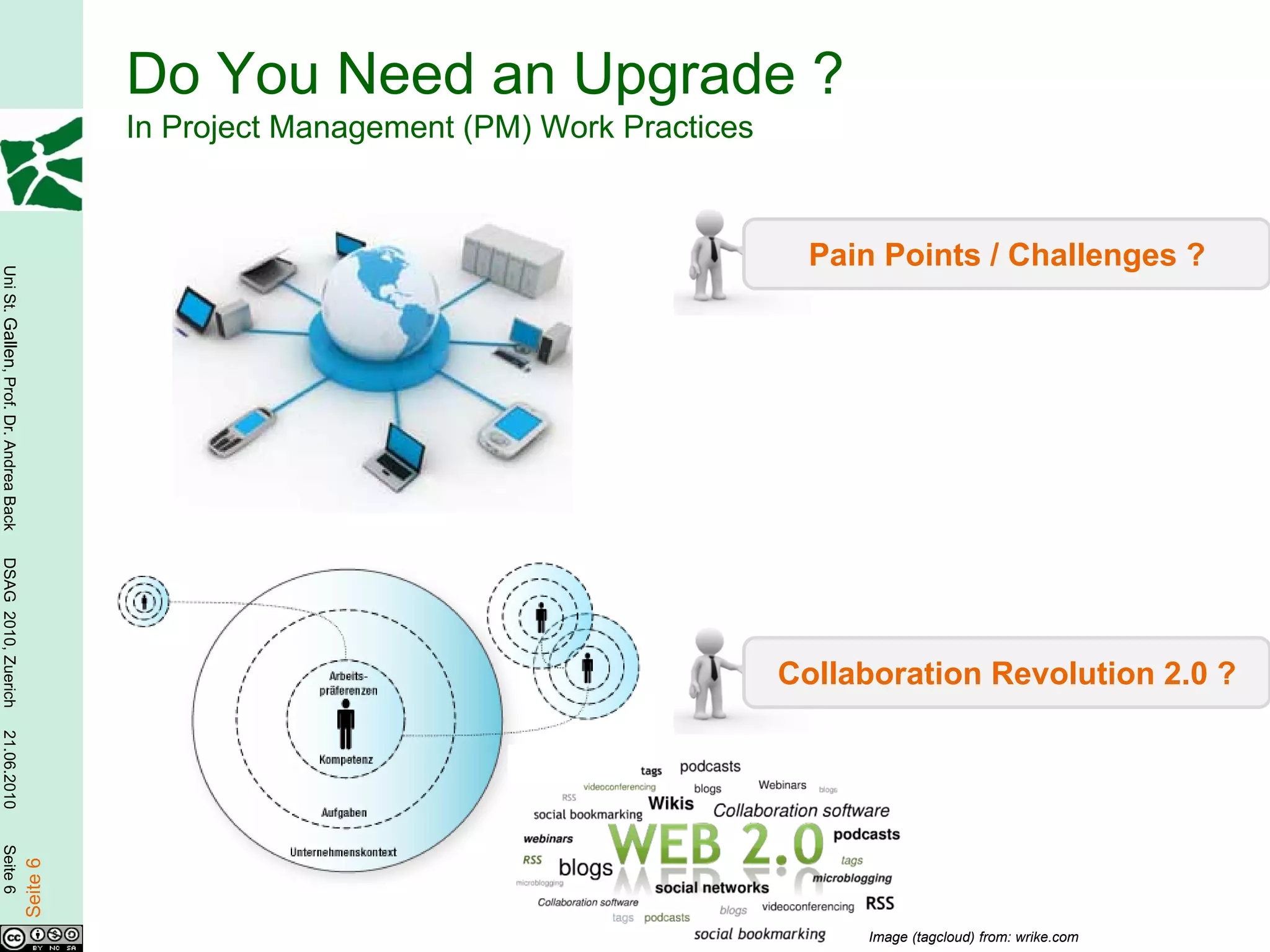 Do You Need an Upgrade ?
                                                  In Project Management (PM) Work Practices



                                                                                                Pain Points / Challenges ?
Uni St. Gallen, Prof. Dr. Andrea Back
DSAG 2010, Zuerich




                                                                                              Collaboration Revolution 2.0 ?
21.06.2010
Seite 6

                                        Seite 6




                                                                                                   Image (tagcloud) from: wrike.com
 