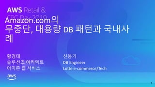 Amazon.com의
무중단, 대용량 DB 패턴과 국내사
례
1
황경태
솔루션즈 아키텍트
아마존 웹 서비스
신봉기
DB Engineer
Lotte e-commerce/Tech
 