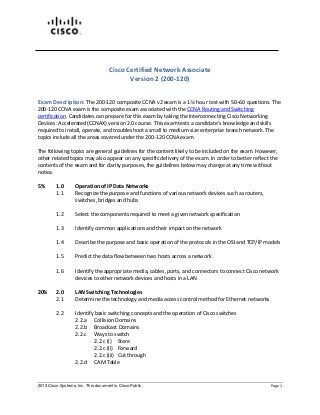 2013 Cisco Systems, Inc. This document is Cisco Public. Page 1
Cisco Certified Network Associate
Version 2 (200-120)
Exam Description: The 200-120 composite CCNA v2 exam is a 1-½ hour test with 50–60 questions. The
200-120 CCNA exam is the composite exam associated with the CCNA Routing and Switching
certification. Candidates can prepare for this exam by taking the Interconnecting Cisco Networking
Devices: Accelerated (CCNAX) version 2.0 course. This exam tests a candidate's knowledge and skills
required to install, operate, and troubleshoot a small to medium-size enterprise branch network. The
topics include all the areas covered under the 200-120 CCNA exam.
The following topics are general guidelines for the content likely to be included on the exam. However,
other related topics may also appear on any specific delivery of the exam. In order to better reflect the
contents of the exam and for clarity purposes, the guidelines below may change at any time without
notice.
5% 1.0 Operation of IP Data Networks
1.1 Recognize the purpose and functions of various network devices such as routers,
switches, bridges and hubs
1.2 Select the components required to meet a given network specification
1.3 Identify common applications and their impact on the network
1.4 Describe the purpose and basic operation of the protocols in the OSI and TCP/IP models
1.5 Predict the data flow between two hosts across a network
1.6 Identify the appropriate media, cables, ports, and connectors to connect Cisco network
devices to other network devices and hosts in a LAN
20% 2.0 LAN Switching Technologies
2.1 Determine the technology and media access control method for Ethernet networks
2.2 Identify basic switching concepts and the operation of Cisco switches
2.2.a Collision Domains
2.2.b Broadcast Domains
2.2.c Ways to switch
2.2.c (i) Store
2.2.c (ii) Forward
2.2.c (iii) Cut through
2.2.d CAM Table
 