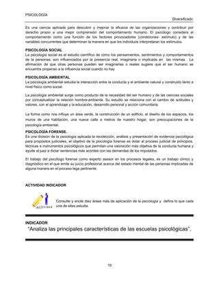PSICOLOGÍA
Diversificado
Es una ciencia aplicada para descubrir y mejorar la eficacia de las organizaciones y contribuir por
derecho propio a una mejor comprensión del comportamiento humano. El psicólogo considera el
comportamiento como una función de los factores provocadores (condiciones- estímulo) y de las
variables concurrentes que determinan la manera en que los individuos interpretaran los estímulos.
PSICOLOGÍA SOCIAL
La psicología social es el estudio científico de cómo los pensamientos, sentimientos y comportamientos
de la personas, son influenciados por la presencia real, imaginaria o implicada en las mismas. La
afirmación de que otras personas pueden ser imaginarias o reales sugiere que el ser humano se
encuentra propenso a la influencia social cuando no hay
PSICOLOGÍA AMBIENTAL
La psicología ambiental estudia la interacción entre la conducta y el ambiente natural y construido tanto a
nivel físico como social.
La psicología ambiental surge como producto de la necesidad del ser humano y de las ciencias sociales
por conceptualizar la relación hombre-ambiente. Su estudio se relaciona con el cambio de actitudes y
valores, con el aprendizaje y la educación, desarrollo personal y acción comunitaria.
La forma como nos influye un área verde, la construcción de un edificio, el diseño de los espacios, los
muros de una habitación, una nueva calle a metros de nuestro hogar, son preocupaciones de la
psicología ambiental.
PSICOLOGÍA FORENSE.
Es una división de la psicología aplicada la recolección, análisis y presentación de evidencia psicológica
para propósitos judiciales, el objetivo de la psicología forense es dotar al proceso judicial de principios,
técnicas e instrumentos psicológicos que permitan una valoración más objetiva de la conducta humana y
ayude al juez a dictar sentencias más acordes con las demandas de los imputados.
El trabajo del psicólogo forense como experto asesor en los procesos legales, es un trabajo clínico y
diagnóstico en el que emite su juicio profesional acerca del estado mental de las personas implicadas de
alguna manera en el proceso lega pertinente.

ACTIVIDAD INDICADOR

Consulte y anote diez áreas más de aplicación de la psicología y defina lo que cada
una de ellas estudia.

INDICADOR

“Analiza las principales características de las escuelas psicológicas”.

10

 
