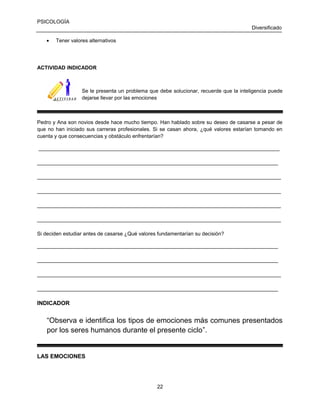 PSICOLOGÍA
Diversificado
•

Tener valores alternativos

ACTIVIDAD INDICADOR

Se le presenta un problema que debe solucionar, recuerde que la inteligencia puede
dejarse llevar por las emociones

Pedro y Ana son novios desde hace mucho tiempo. Han hablado sobre su deseo de casarse a pesar de
que no han iniciado sus carreras profesionales. Si se casan ahora, ¿qué valores estarían tomando en
cuenta y que consecuencias y obstáculo enfrentarían?
___________________________________________________________________________________
___________________________________________________________________________________
____________________________________________________________________________________
____________________________________________________________________________________
____________________________________________________________________________________
____________________________________________________________________________________
Si deciden estudiar antes de casarse ¿Qué valores fundamentarían su decisión?
___________________________________________________________________________________
___________________________________________________________________________________
____________________________________________________________________________________
___________________________________________________________________________________

INDICADOR

“Observa e identifica los tipos de emociones más comunes presentados
por los seres humanos durante el presente ciclo”.

LAS EMOCIONES

22

 