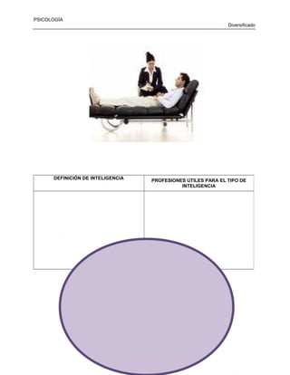 PSICOLOGÍA
Diversificado

DEFINICIÓN DE INTELIGENCIA

PROFESIONES UTILES PARA EL TIPO DE
INTELIGENCIA

_________________________________________

42

 