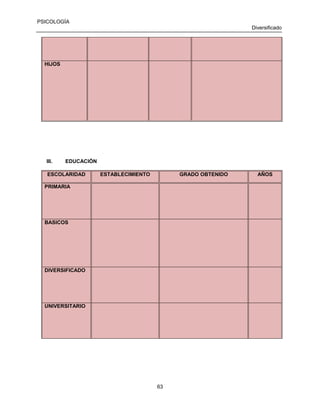 PSICOLOGÍA
Diversificado

HIJOS

III.

EDUCACIÓN

ESCOLARIDAD

ESTABLECIMIENTO

GRADO OBTENIDO

PRIMARIA

BASICOS

DIVERSIFICADO

UNIVERSITARIO

63

AÑOS

 