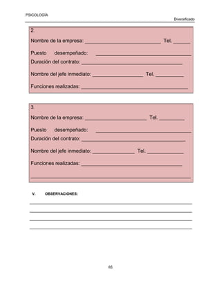 PSICOLOGÍA
Diversificado

2.
Nombre de la empresa: ___________________________ Tel. ______
Puesto

desempeñado:

__________________________________

Duración del contrato: ____________________________________
Nombre del jefe inmediato: __________________ Tel. __________
Funciones realizadas: ______________________________________

3.
Nombre de la empresa: ______________________ Tel. _________
Puesto

desempeñado:

__________________________________

Duración del contrato: _____________________________________
Nombre del jefe inmediato: _______________ Tel. _____________
Funciones realizadas: ____________________________________
_________________________________________________________

V.

OBSERVACIONES:

_________________________________________________________________________________
_________________________________________________________________________________
_________________________________________________________________________________
_________________________________________________________________________________

65

 