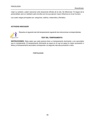 PSICOLOGÍA
Diversificado
mejor su carácter y saber reaccionar ante situaciones difíciles de la vida. Se diferencian 16 rasgos de la
personalidad, pero en realidad cuatro de ellos son los que ejercen mayor influencia en el ser humano.
Los cuatro rasgos principales son: sanguíneo, colérico, melancólico y flemático.

ACTIVIDAD INDICADOR

Resuelva el siguiente test del temperamento siguiendo las instrucciones correspondientes.
TEST DEL TEMPERAMENTO
INSTRUCCIONES. Debe saber que cada persona tiene un temperamento dominante y uno secundario
que lo complementa. El temperamento dominante es aquel en el cual se saque la mayor puntuación o
letras y el temperamento secundario corresponde a la segunda más alta puntuación o letra.

FORTALEZAS

69

 