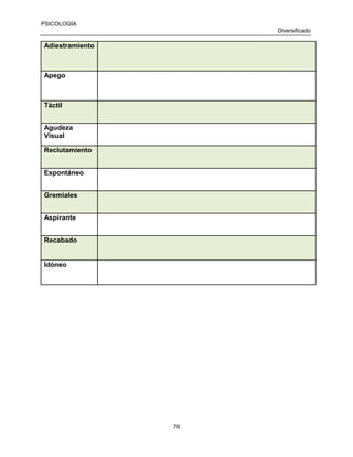 PSICOLOGÍA
Diversificado

Adiestramiento

Apego

Táctil
Agudeza
Visual
Reclutamiento
Espontáneo
Gremiales
Aspirante
Recabado
Idóneo

79

 
