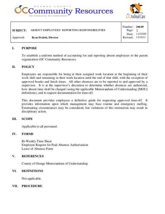 200 09 absent emploees reporting responsibilities absent forms