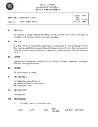 COUNTY OF ORANGE
HEALTH CARE AGENCY
REGULATORY HEALTH SERVICES
ANIMAL CARE SERVICES
Number: 200.03
SUBJECT: CODING STRUCTURE Page: 1
Date: 07/13/78
Approved: Jennifer Phillips, Director Revised: 4/9/07
I. PURPOSE
To establish a coding structure for Orange County Animal Care Services (OCACS) in
accordance with established County accounting guidelines.
II. POLICY
A coding structure is required for collecting and reporting data in a “unitary budget” format.
This structure establishes transaction files at the lowest required level of detail and meets the
needs of planned program budgeting, responsibility accounting and budgeting unique to
OCACS.
III. SCOPE
Applicable to all personnel charged with the coding of financial, accounting, purchasing,
personnel and budgetary records.
IV. FORMS
All records subject to coding.
V. REFERENCES
CAPS Data Warehouse Financial
ACS Revenue Codes and Job Numbers
ACS Timesheet Codes
VI. DEFINITIONS
Not applicable.
VII. PROCEDURE
A. The coding structure is illustrated below:
FUND AGCY ORG
REV
SOURCE
SUB REV JOB CODE
 