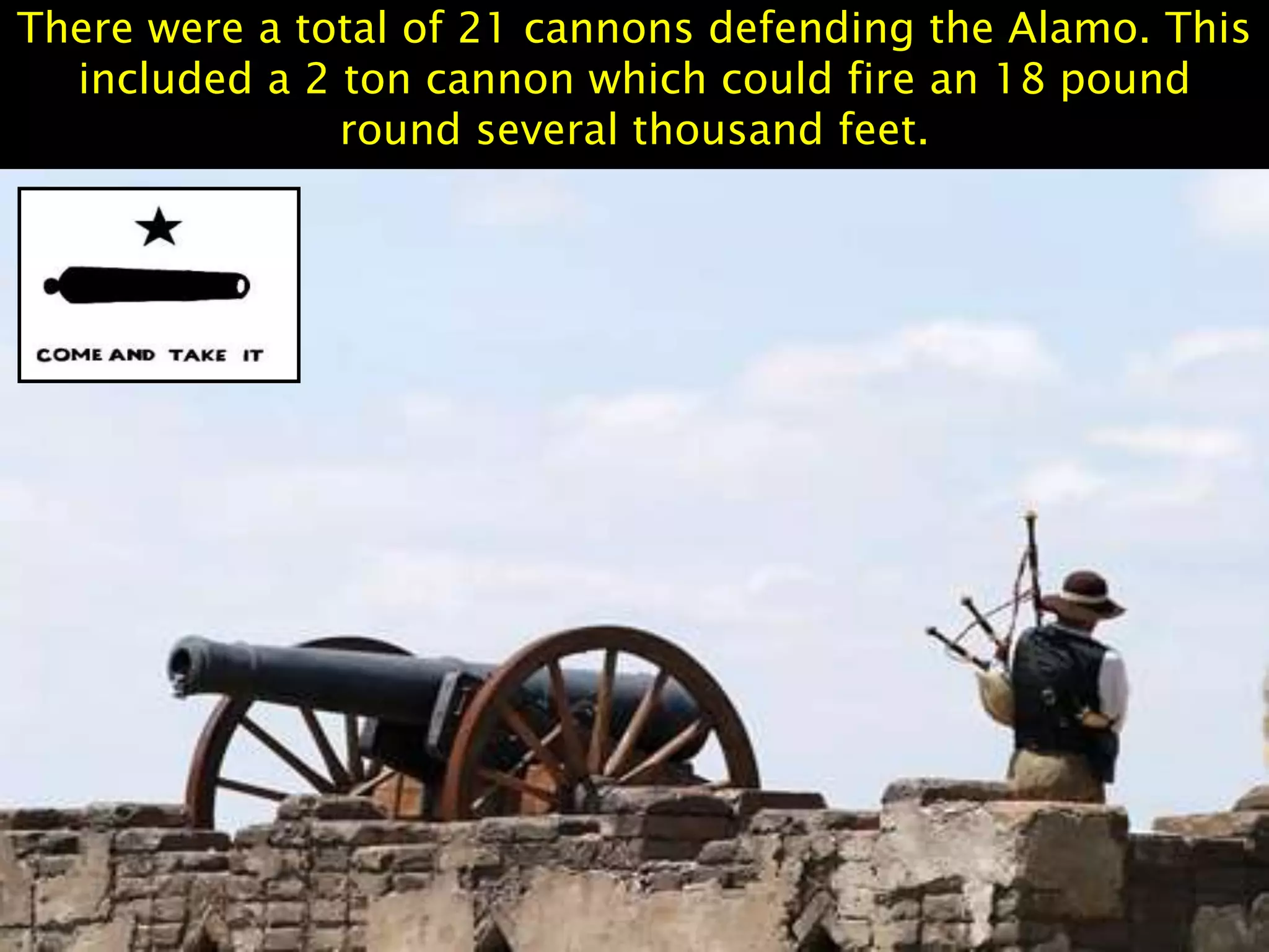 There were a total of 21 cannons defending the Alamo. This
included a 2 ton cannon which could fire an 18 pound
round several thousand feet.
 