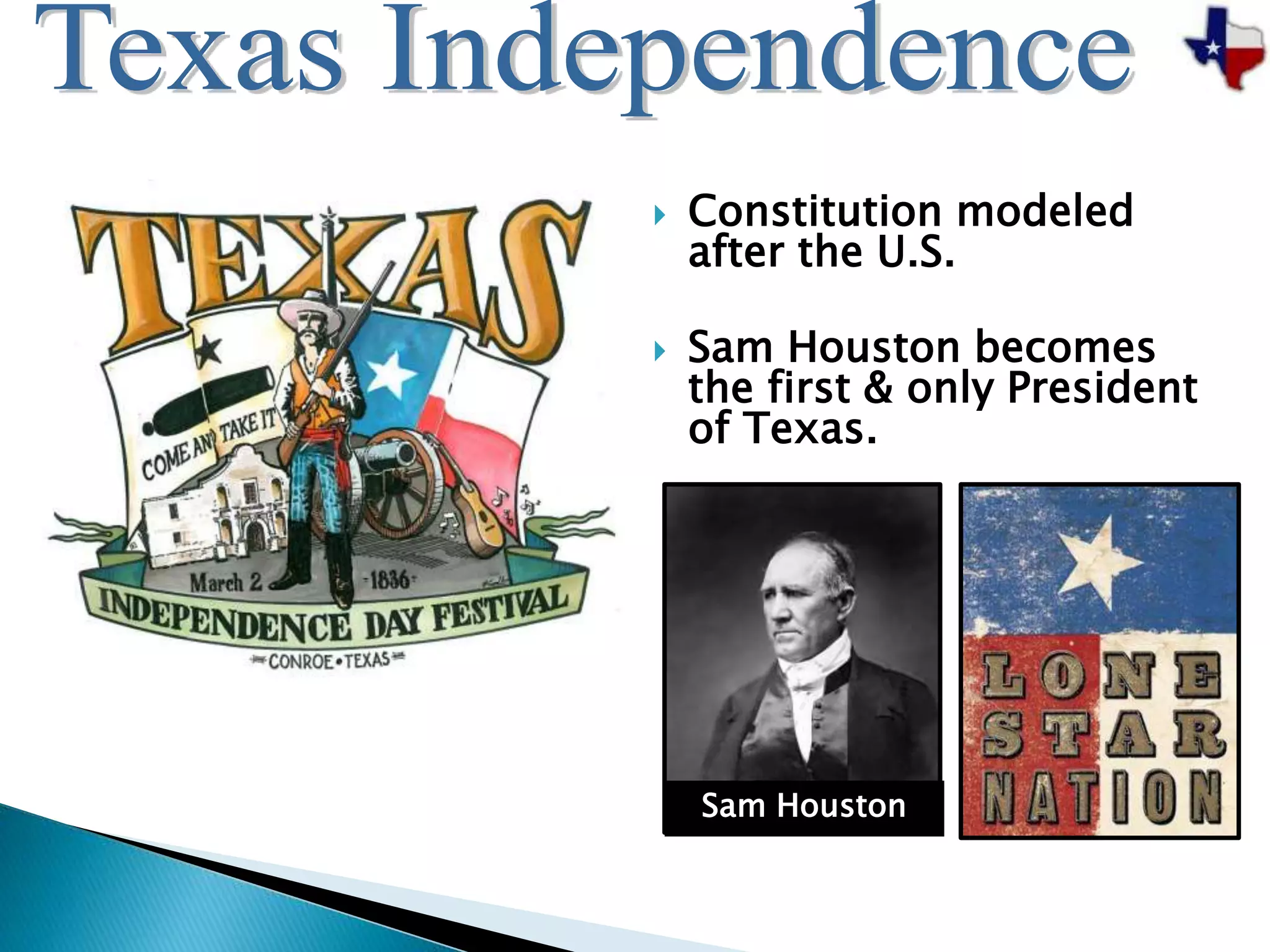  Constitution modeled
after the U.S.
 Sam Houston becomes
the first & only President
of Texas.
Sam Houston
 