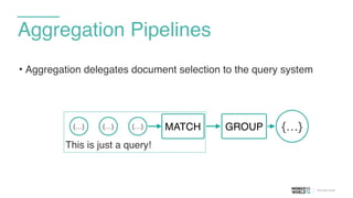 Aggregation Pipelines
• Aggregation delegates document selection to the query system
This is just a query!
MATCH GROUP{…}{…}{…} {…}
 