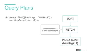 Query Plans
db.tweets.find({hashtags:	
  "#MDBW16"})	
  
	
  	
  	
  .sort({nFavorites:	
  -­‐1});
FETCH
INDEX SCAN
{hashtags: 1}
SORT
Converts from an ID
to a full BSON object
 