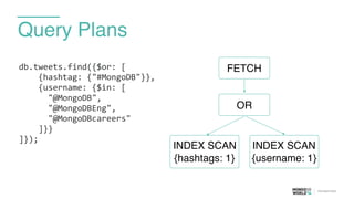 Query Plans
db.tweets.find({$or:	
  [	
  
	
  	
  	
  	
  {hashtag:	
  {"#MongoDB"}},	
  
	
  	
  	
  	
  {username:	
  {$in:	
  [	
  
	
  	
  	
  	
  	
  	
  "@MongoDB",	
  
	
  	
  	
  	
  	
  	
  "@MongoDBEng",	
  	
  
	
  	
  	
  	
  	
  	
  "@MongoDBcareers"	
  
	
  	
  	
  	
  ]}}	
  
]});
INDEX SCAN
{hashtags: 1}
OR
FETCH
INDEX SCAN
{username: 1}
 