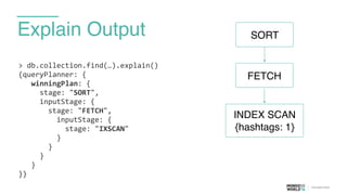 Explain Output
>	
  db.collection.find(…).explain()	
  
{queryPlanner:	
  {	
  
	
  	
  	
  winningPlan:	
  {	
  
	
  	
  	
  	
  	
  stage:	
  "SORT",	
  
	
  	
  	
  	
  	
  inputStage:	
  {	
  
	
  	
  	
  	
  	
  	
  	
  stage:	
  "FETCH",	
  
	
  	
  	
  	
  	
  	
  	
  	
  	
  inputStage:	
  {	
  
	
  	
  	
  	
  	
  	
  	
  	
  	
  	
  	
  stage:	
  "IXSCAN"	
  
	
  	
  	
  	
  	
  	
  	
  	
  	
  }	
  
	
  	
  	
  	
  	
  	
  	
  }	
  
	
  	
  	
  	
  	
  }	
  
	
  	
  	
  }	
  
}}
FETCH
INDEX SCAN
{hashtags: 1}
SORT
 