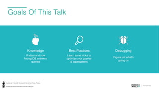 Goals Of This Talk
Understand how
MongoDB answers
queries
Knowledge
Figure out what's
going on
Debugging
Learn some tricks to
optimize your queries
& aggregations
Best Practices
created by Francielly Constantin Senra from Noun Project
created by Ramon Sandino from Noun Project
 