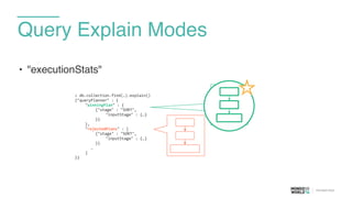 • "executionStats"
Query Explain Modes
>	
  db.collection.find(…).explain()	
  
{"queryPlanner"	
  :	
  {	
  
	
   "winningPlan"	
  :	
  {	
  
	
   	
   {"stage"	
  :	
  "SORT",	
  
	
   	
   	
   "inputStage"	
  :	
  {…}	
  
	
   	
   }}	
  	
  	
  	
  	
  	
  	
  	
  	
  	
  	
  	
  
	
   },	
  
	
   "rejectedPlans"	
  :	
  [	
  
	
   	
   {"stage"	
  :	
  "SORT",	
  
	
   	
   	
   "inputStage"	
  :	
  {…}	
  
	
   	
   }}	
  
	
  	
  	
  	
  	
  	
  	
  …	
  
	
   ]	
  
}}
 