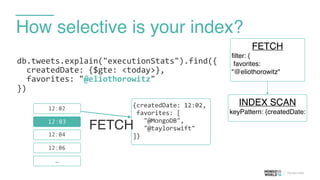 How selective is your index?
db.tweets.explain("executionStats").find({	
  
	
  	
  createdDate:	
  {$gte:	
  <today>},	
  
	
  	
  favorites:	
  "@eliothorowitz"	
  
})	
  
12:02
{createdDate:	
  12:02,	
  	
  
	
  favorites:	
  [	
  
	
  	
  	
  "@MongoDB",	
  
	
  	
  	
  "@taylorswift"	
  
]}
12:03
12:04
12:06
…
FETCH
FETCH
filter: {
favorites:
"@eliothorowitz"
INDEX SCAN
keyPattern: {createdDate:
 