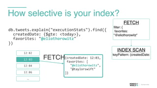 How selective is your index?
db.tweets.explain("executionStats").find({	
  
	
  	
  createdDate:	
  {$gte:	
  <today>},	
  
	
  	
  favorites:	
  "@eliothorowitz"	
  
})	
  
12:03
12:02
12:04
12:06
…
{createdDate:	
  12:03,	
  	
  
	
  favorites:	
  [	
  
	
  	
  	
  "@eliothorowitz",	
  
	
  	
  	
  "@taylorswift"	
  
]}
FETCH
FETCH
filter: {
favorites:
"@eliothorowitz"
INDEX SCAN
keyPattern: {createdDate:
 