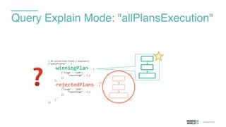 Query Explain Mode: "allPlansExecution"
>	
  db.collection.find(…).explain()	
  
{"queryPlanner"	
  :	
  {	
  
	
   "winningPlan"	
  :	
  {	
  
	
   	
   {"stage"	
  :	
  "SORT",	
  
	
   	
   	
   "inputStage"	
  :	
  {…}	
  
	
   	
   }}	
  	
  	
  	
  	
  	
  	
  	
  	
  	
  	
  	
  
	
   },	
  
	
   "rejectedPlans"	
  :	
  [	
  
	
   	
   {"stage"	
  :	
  "SORT",	
  
	
   	
   	
   "inputStage"	
  :	
  {…}	
  
	
   	
   }}	
  
	
  	
  	
  	
  	
  	
  	
  …	
  
	
   ]	
  
}}
❓
 