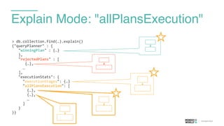 Explain Mode: "allPlansExecution"
>	
  db.collection.find(…).explain()	
  
{"queryPlanner"	
  :	
  {	
  
	
   "winningPlan"	
  :	
  {…}	
  	
  	
  	
  	
  	
  	
  	
  	
  	
  	
  	
  
	
   },	
  
	
   "rejectedPlans"	
  :	
  [	
  
	
   	
   {…},	
  
	
  	
  	
  	
  	
  …	
  
	
   ],	
  
	
  	
  	
  "executionStats":	
  { 
	
  	
  	
  	
  	
  "executionStages":	
  {…}	
  
	
  	
  	
  	
  	
  "allPlansExecution":	
  [ 
	
  	
  	
  	
  	
  	
  	
  {…},	
  
	
  	
  	
  	
  	
  	
  	
  {…},	
  
	
  	
  	
  	
  	
  	
  	
  …	
  
	
  	
  	
  	
  	
  ]	
  
	
  	
  	
  }	
  
}}
 