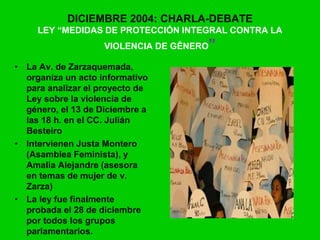 DICIEMBRE 2004: CHARLA-DEBATE
LEY “MEDIDAS DE PROTECCIÓN INTEGRAL CONTRA LA
VIOLENCIA DE GÉNERO”
• La Av. de Zarzaquemada,
organiza un acto informativo
para analizar el proyecto de
Ley sobre la violencia de
género, el 13 de Diciembre a
las 18 h. en el CC. Julián
Besteiro
• Intervienen Justa Montero
(Asamblea Feminista), y
Amalia Alejandre (asesora
en temas de mujer de v.
Zarza)
• La ley fue finalmente
probada el 28 de diciembre
por todos los grupos
parlamentarios.
 