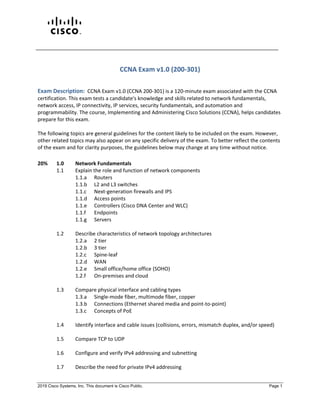 2019 Cisco Systems, Inc. This document is Cisco Public. Page 1
CCNA Exam v1.0 (200-301)
Exam Description: CCNA Exam v1.0 (CCNA 200-301) is a 120-minute exam associated with the CCNA
certification. This exam tests a candidate's knowledge and skills related to network fundamentals,
network access, IP connectivity, IP services, security fundamentals, and automation and
programmability. The course, Implementing and Administering Cisco Solutions (CCNA), helps candidates
prepare for this exam.
The following topics are general guidelines for the content likely to be included on the exam. However,
other related topics may also appear on any specific delivery of the exam. To better reflect the contents
of the exam and for clarity purposes, the guidelines below may change at any time without notice.
20% 1.0 Network Fundamentals
1.1 Explain the role and function of network components
1.1.a Routers
1.1.b L2 and L3 switches
1.1.c Next-generation firewalls and IPS
1.1.d Access points
1.1.e Controllers (Cisco DNA Center and WLC)
1.1.f Endpoints
1.1.g Servers
1.2 Describe characteristics of network topology architectures
1.2.a 2 tier
1.2.b 3 tier
1.2.c Spine-leaf
1.2.d WAN
1.2.e Small office/home office (SOHO)
1.2.f On-premises and cloud
1.3 Compare physical interface and cabling types
1.3.a Single-mode fiber, multimode fiber, copper
1.3.b Connections (Ethernet shared media and point-to-point)
1.3.c Concepts of PoE
1.4 Identify interface and cable issues (collisions, errors, mismatch duplex, and/or speed)
1.5 Compare TCP to UDP
1.6 Configure and verify IPv4 addressing and subnetting
1.7 Describe the need for private IPv4 addressing
 