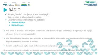 RÁDIO
✓ 3 inserções de 7 dias (antecedem a realização
dos eventos) em horários alternados.
✓ Levantamento da rádio local no cadastro
➢ Rádio Itabirito
➢ Rádio Cidade
➢ Para todos os eventos a MYR Projetos Sustentáveis será responsável pela identificação e organização do espaço
adequado (infraestrutura e capacidade)
➢ Será disponibilizado transporte para promover a participação de interessados que residirem em locais distantes
daqueles onde serão realizados os eventos.
➢ Também será oferecido coffee break, preferencialmente comprado em empresas da própria região.
Os agendamentos serão realizados em conjunto com os demandantes, conforme disponibilidade do local.
 