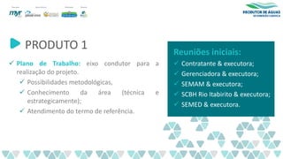 PRODUTO 1
✓ Plano de Trabalho: eixo condutor para a
realização do projeto.
✓ Possibilidades metodológicas,
✓ Conhecimento da área (técnica e
estrategicamente);
✓ Atendimento do termo de referência.
Reuniões iniciais:
✓ Contratante & executora;
✓ Gerenciadora & executora;
✓ SEMAM & executora;
✓ SCBH Rio Itabirito & executora;
✓ SEMED & executora.
 