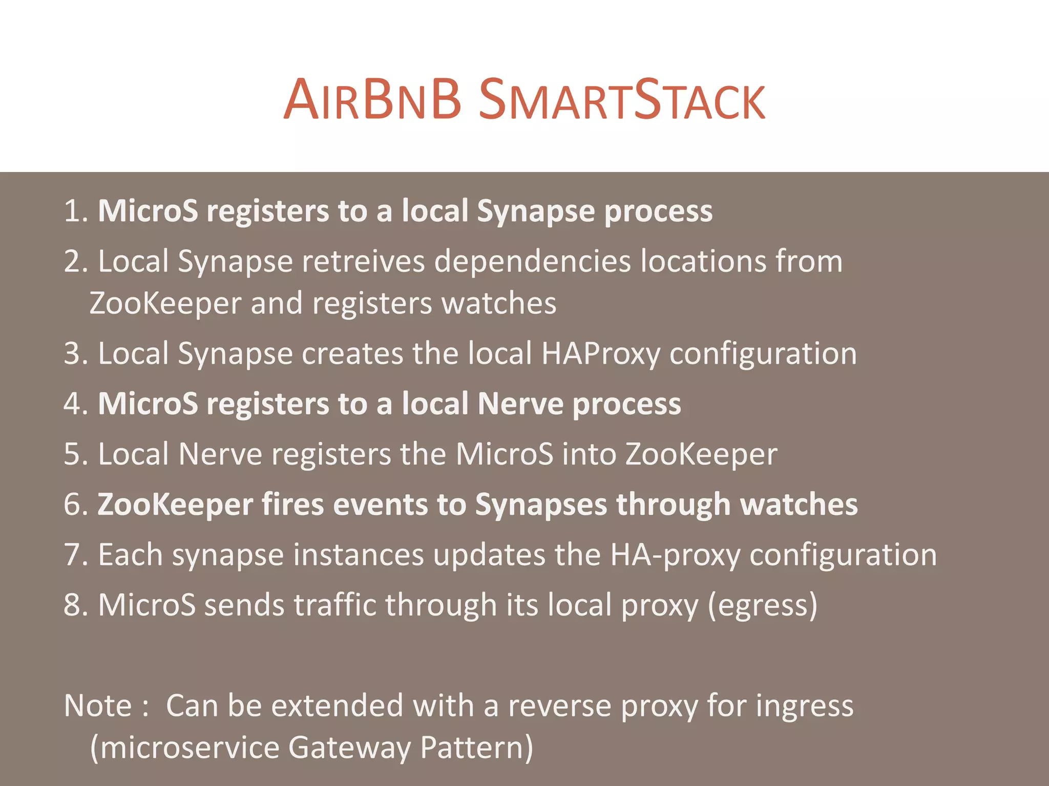 AIRBNB SMARTSTACK
1. MicroS registers to a local Synapse process
2. Local Synapse retreives dependencies locations from
ZooKeeper and registers watches
3. Local Synapse creates the local HAProxy configuration
4. MicroS registers to a local Nerve process
5. Local Nerve registers the MicroS into ZooKeeper
6. ZooKeeper fires events to Synapses through watches
7. Each synapse instances updates the HA-proxy configuration
8. MicroS sends traffic through its local proxy (egress)
Note : Can be extended with a reverse proxy for ingress
(microservice Gateway Pattern)
 