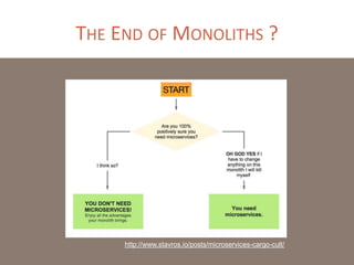 THE END OF MONOLITHS ?
http://www.stavros.io/posts/microservices-cargo-cult/
 