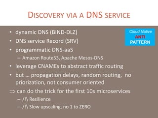 DISCOVERY VIA A DNS SERVICE
• dynamic DNS (BIND-DLZ)
• DNS service Record (SRV)
• programmatic DNS-aaS
– Amazon Route53, Apache Mesos-DNS
• leverage CNAMEs to abstract traffic routing
• but … propagation delays, random routing, no
priorization, not consumer oriented
 can do the trick for the first 10s microservices
– /! Resilience
– /! Slow upscaling, no 1 to ZERO
Cloud Native
ANTI
PATTERN
 