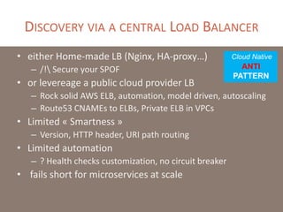 DISCOVERY VIA A CENTRAL LOAD BALANCER
• either Home-made LB (Nginx, HA-proxy…)
– /! Secure your SPOF
• or levereage a public cloud provider LB
– Rock solid AWS ELB, automation, model driven, autoscaling
– Route53 CNAMEs to ELBs, Private ELB in VPCs
• Limited « Smartness »
– Version, HTTP header, URI path routing
• Limited automation
– ? Health checks customization, no circuit breaker
• fails short for microservices at scale
Cloud Native
ANTI
PATTERN
 