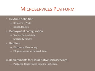MICROSERVICES PLATFORM
• Devtime definition
– Resources, Ports
– Dependencies
• Deployment configuration
– System desired state
– Scalability model
• Runtime
– Discovery, Monitoring,
– Fill gap current vs desired state
Requirements for Cloud Native Microservices
– Packager, Deployment pipeline, Scheduler
 