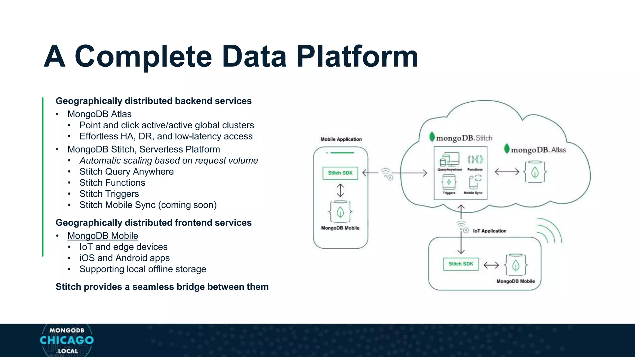A Complete Data Platform
Geographically distributed backend services
• MongoDB Atlas
• Point and click active/active global clusters
• Effortless HA, DR, and low-latency access
• MongoDB Stitch, Serverless Platform
• Automatic scaling based on request volume
• Stitch Query Anywhere
• Stitch Functions
• Stitch Triggers
• Stitch Mobile Sync (coming soon)
Geographically distributed frontend services
• MongoDB Mobile
• IoT and edge devices
• iOS and Android apps
• Supporting local offline storage
Stitch provides a seamless bridge between them
 