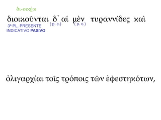 δι-οικέω

διοικοῦνται ( p. c.)αἱ μὲν τυραννίδες καὶ
              δ᾽       ( p. c.)
 3ª PL. PRESENTE
INDICATIVO PASIVO




ὀλιγαρχίαι τοῖς τρόποις τῶν ἐφεστηκότων,
 