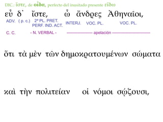 DIC.:   ἴστε, de οἶδα, perfecto del inusitado presente εἴδω
εὖ δ᾽ ἴστε,                     ὦ ἄνδρες Ἀθηναῖοι,
ADV. ( p. c.)    2ª PL. PRET.
                                INTERJ.        VOC. PL.               VOC. PL.
                PERF. IND. ACT.
C. C.           - N. VERBAL -     ------------------- apelación ----------------------------




ὅτι τὰ μὲν τῶν δημοκρατουμένων σώματα



καὶ τὴν πολιτείαν                           οἱ νόμοι σῴζουσι,
 