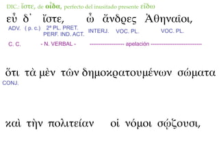 DIC.:   ἴστε, de οἶδα, perfecto del inusitado presente εἴδω
 εὖ δ᾽ ἴστε,                     ὦ ἄνδρες Ἀθηναῖοι,
 ADV. ( p. c.)    2ª PL. PRET.
                                 INTERJ.        VOC. PL.               VOC. PL.
                 PERF. IND. ACT.
 C. C.           - N. VERBAL -     ------------------- apelación ----------------------------




ὅτι τὰ μὲν τῶν δημοκρατουμένων σώματα
CONJ.




καὶ τὴν πολιτείαν                            οἱ νόμοι σῴζουσι,
 