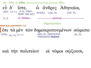 DIC.:    ἴστε, de οἶδα, perfecto del inusitado presente εἴδω
  εὖ δ᾽ ἴστε,                      ὦ ἄνδρες Ἀθηναῖοι,
   ADV. ( p. c.)    2ª PL. PRET.
                                   INTERJ.        VOC. PL.               VOC. PL.
                   PERF. IND. ACT.
   C. C.           - N. VERBAL -     ------------------- apelación ----------------------------

                                             δημοκρατέω
PROP. SUB. SUSTANTIVA: C.D.

[ ὅτι τὰ μὲν τῶν δημοκρατουμένων σώματα
CONJ. AC. PL.( p. c.)                GEN. PL. PARTICIPIO                           AC. PL.
                                     PRESENTE PASIVO




  καὶ τὴν πολιτείαν                            οἱ νόμοι σῴζουσι,
 