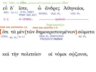 DIC.:    ἴστε, de οἶδα, perfecto del inusitado presente εἴδω
  εὖ δ᾽ ἴστε,                       ὦ ἄνδρες Ἀθηναῖοι,
   ADV. ( p. c.)    2ª PL. PRET.
                                   INTERJ.        VOC. PL.               VOC. PL.
                   PERF. IND. ACT.
   C. C.           - N. VERBAL -     ------------------- apelación ----------------------------

                                             δημοκρατέω
PROP. SUB. SUSTANTIVA: C.D.    PROP. SUB. ADJETIVA: C. N.

[ ὅτι τὰ μὲν ( τῶν δημοκρατουμένων) σώματα
CONJ. AC. PL.( p. c.)                GEN. PL. PARTICIPIO                           AC. PL.
                                     PRESENTE PASIVO




  καὶ τὴν πολιτείαν                            οἱ νόμοι σῴζουσι,
 