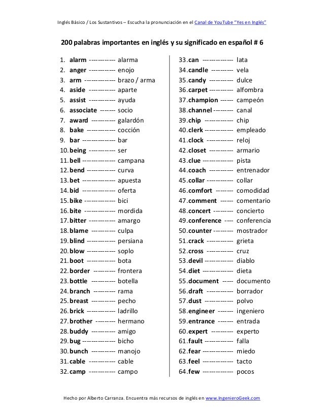 200 palabras importantes en inglés y su significado en
