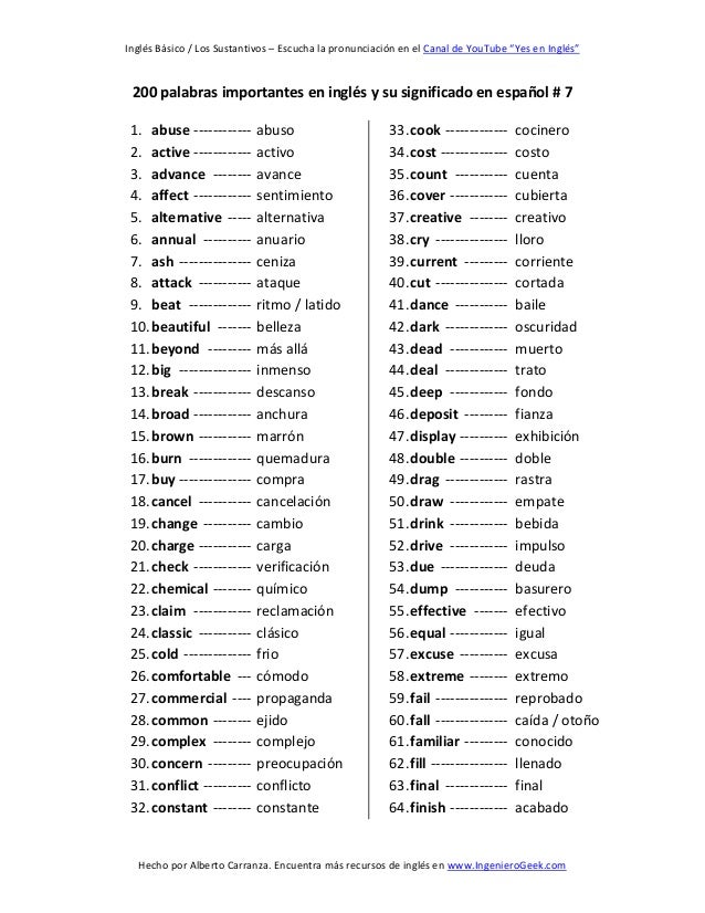 200 palabras importantes en inglés y su significado en