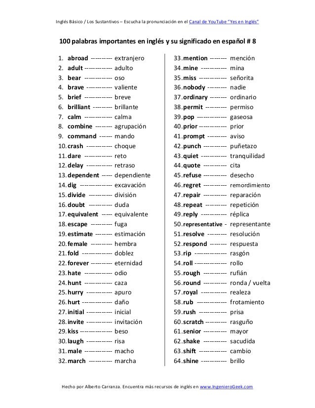 100 Palabras Importantes En Inglés Y Su Significado En