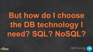 But how do I choose
the DB technology I
need? SQL? NoSQL?
 