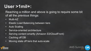 User >1mil+:
Reaching a million and above is going to require some bit
of all the previous things:
•  Multi-AZ
•  Elastic ...