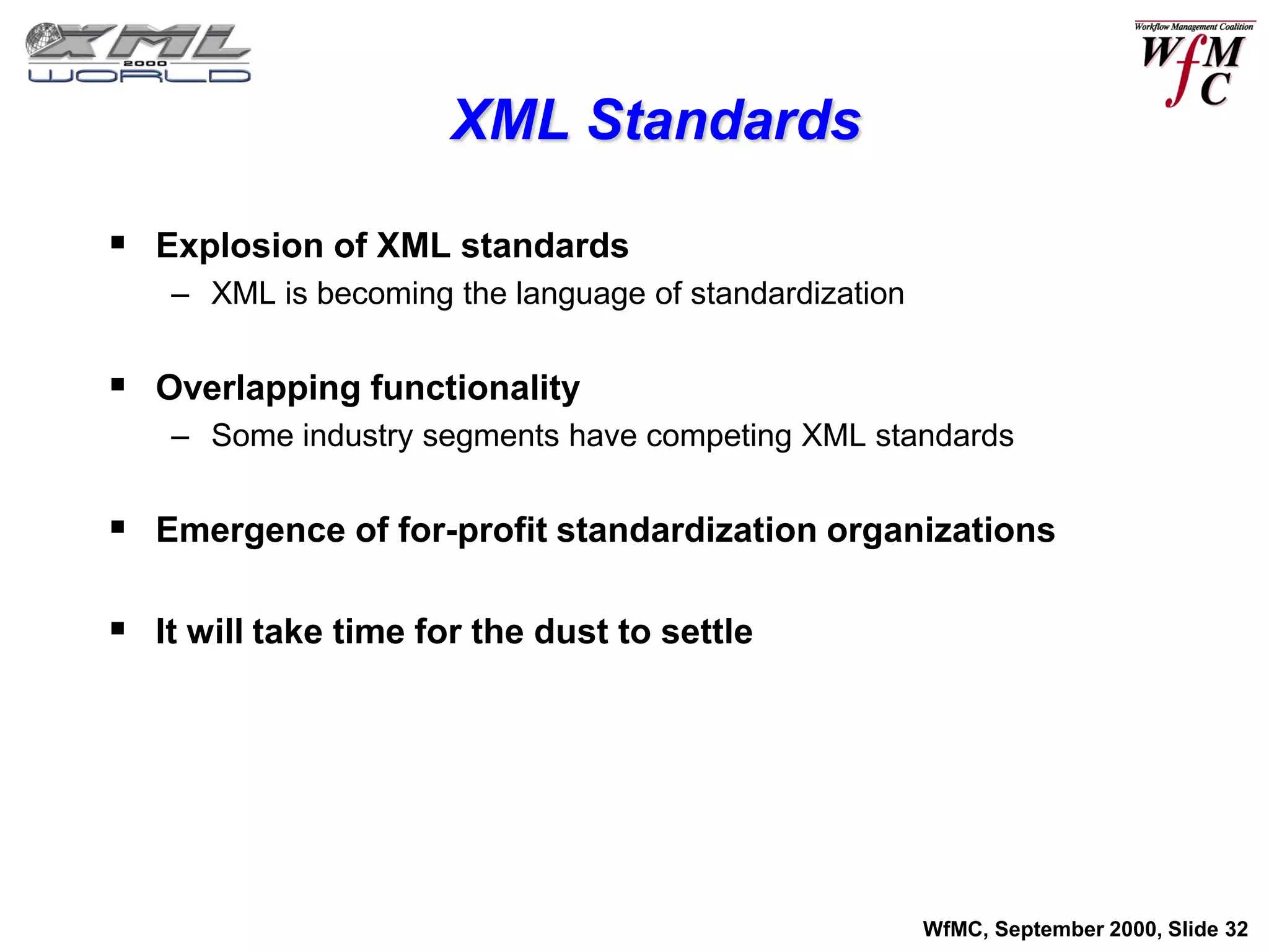 XML Standards

 Explosion of XML standards
    – XML is becoming the language of standardization


 Overlapping functionality
    – Some industry segments have competing XML standards


 Emergence of for-profit standardization organizations

 It will take time for the dust to settle




                                                        WfMC, September 2000, Slide 32
 