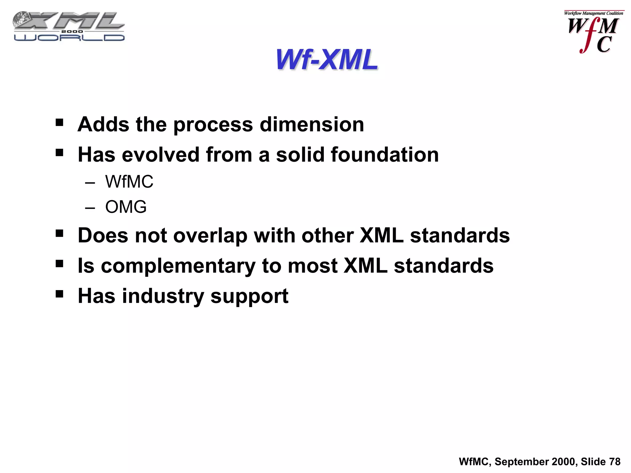 Wf-XML

 Adds the process dimension
 Has evolved from a solid foundation
   – WfMC
   – OMG
 Does not overlap with other XML standards
 Is complementary to most XML standards
 Has industry support




                                        WfMC, September 2000, Slide 78
 