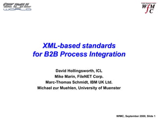 XML-based standards
for B2B Process Integration

          David Hollingsworth, ICL
          Mike Marin, FileNET Corp.
     Marc-Thomas Schmidt, IBM UK Ltd.
 Michael zur Muehlen, University of Muenster




                                         WfMC, September 2000, Slide 1
 