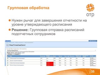 Групповая обработка  Нужен рычаг для завершения отчетности на уровне утверждающего расписания Решение:  Групповая отправка расписаний подотчетных сотрудников 